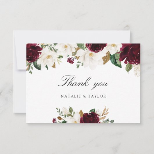 フローラブルガンディマグノリアグリーンリーエレガントな結婚式 サンキューカード (正面)