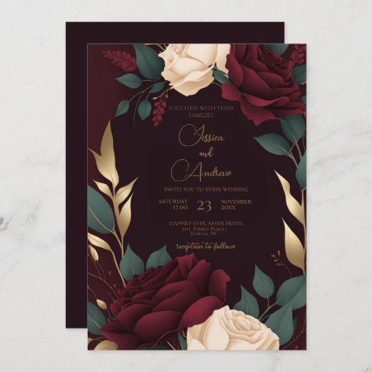 フローラブルガンディレッドクリームバララグジュアリーウェディング 招待状 (正面/裏面)