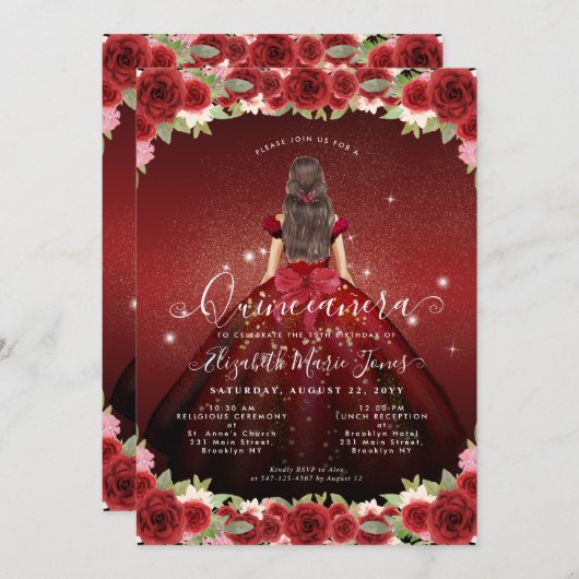 フローラブルガンディレッド金ゴールドグラムプリンセスキンセアニェラ 招待状 (正面/裏面)