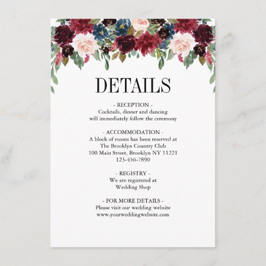 フローラブルゴーニュクラシックネイビー結婚ズ エンクロージャーカード (正面)