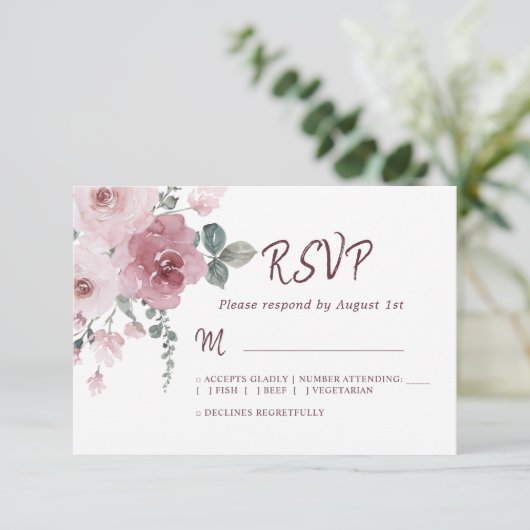 フローラブルゴーニュダスティピンクローズウェディングRSVP 出欠カード (スタンド正面)