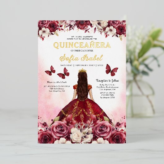 フローラブルゴーニュバタフライプリンセスキンセアニェラ 箔招待状 (立ち正面)