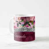 フローラブルゴーニュピンク銀フェイクグリッターモノグラム コーヒーマグカップ (正面左)