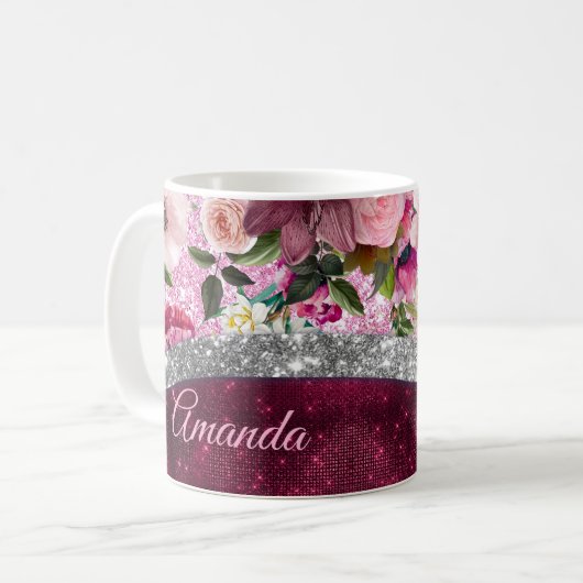 フローラブルゴーニュピンク銀フェイクグリッターモノグラム コーヒーマグカップ (正面左)