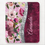 フローラブルゴーニュピンク銀フェイクグリッターモノグラム マウスパッド (正面)