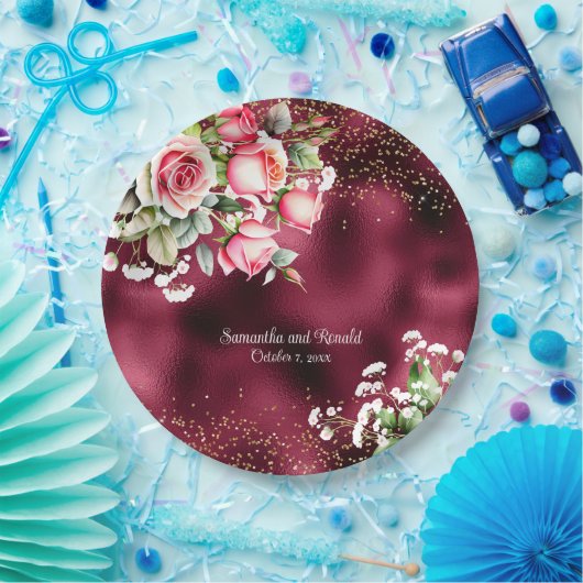 フローラブルゴーニュフォイルと金ゴールドグリッター結婚ズ ペーパープレート (パーティー)