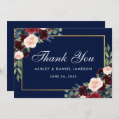フローラブルゴーニュブルー結婚金ゴールド サンキューカード (正面/裏面)