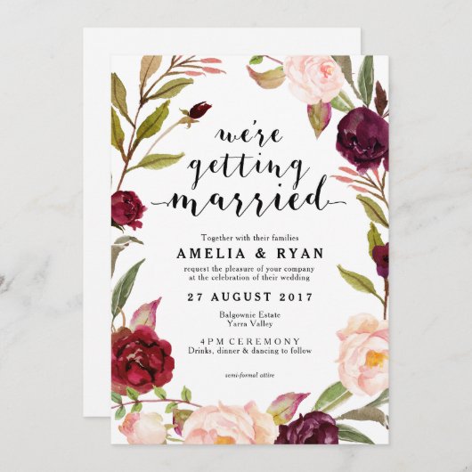 フローラブルゴーニュリーフィー結婚式招待状 招待状 (正面/裏面)