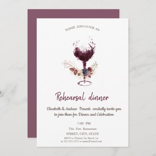 フローラブルゴーニュワイングラスのリハーサルディナー 招待状 (正面/裏面)