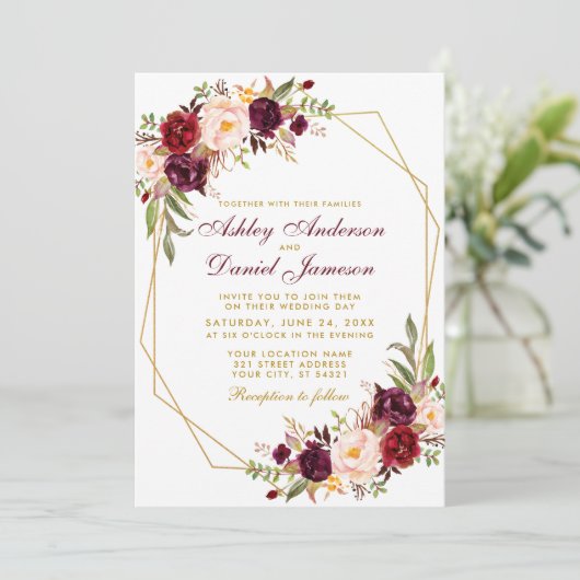 フローラブルゴーニュ幾何学的金ゴールドフレ結婚ーム 招待状 (スタンド正面)