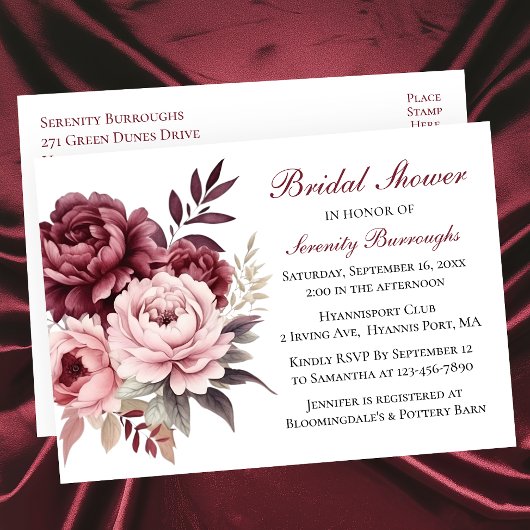 フローラブルゴーニュ水彩牡丹ブライダルシャワー インビテーションポストカード