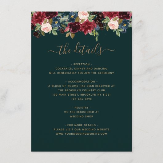 フローラブルゴーニュ海軍ブルーグリーンジュエルトー結婚ン エンクロージャーカード (正面)