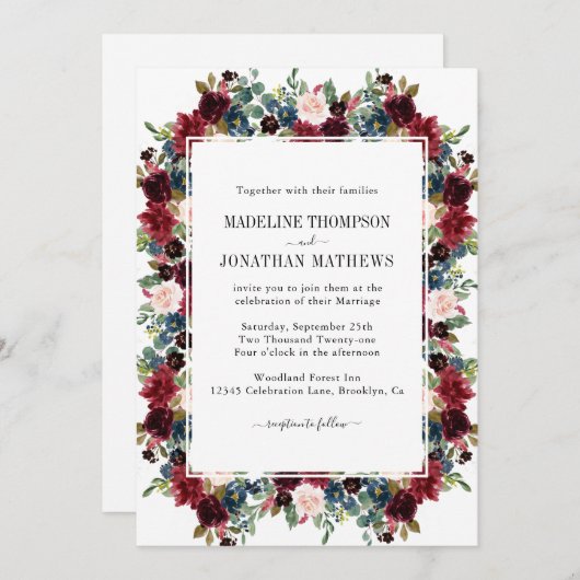 フローラブルゴーニュ海軍ブルースクエア縁ど結婚ズ 招待状 (正面/裏面)