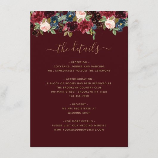 フローラブルゴーニュ海軍ブルーレッドジュエルントーン結婚ズ エンクロージャーカード (正面)