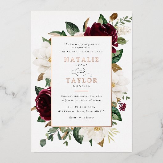 フローラブルゴーニュ白エレガント枠バラ金ゴールド 箔招待状 (正面)