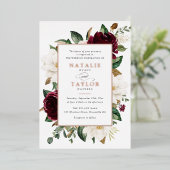 フローラブルゴーニュ白エレガント枠バラ金ゴールド 箔招待状 (立ち正面)