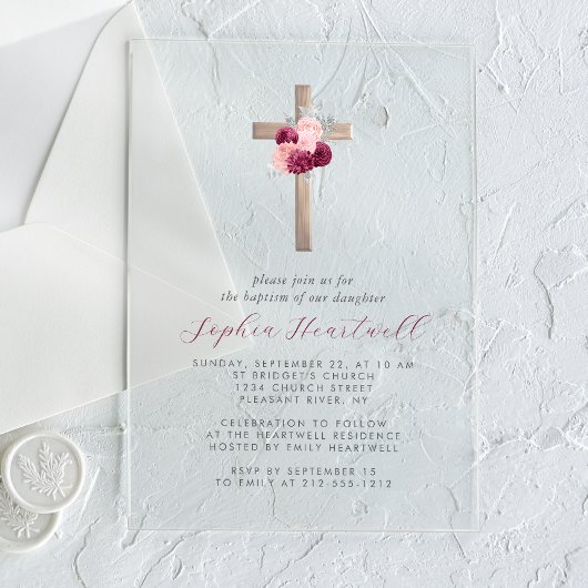 フローラブルゴーニュ赤面シルバークロスガールバプテスマ アクリル招待状