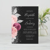 フローラブルゴーニュ赤面シルバーブラックQRコード結婚ズ 招待状 (スタンド正面)