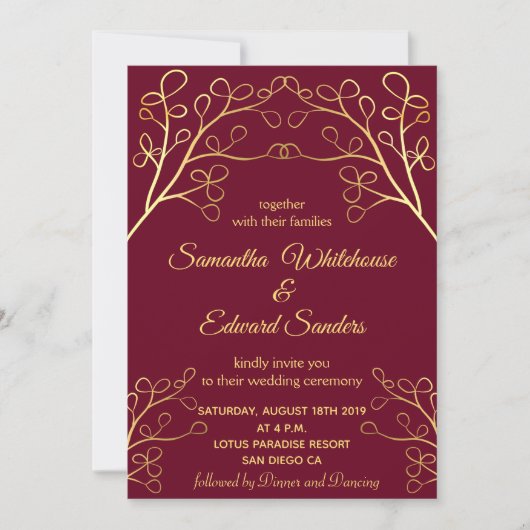 フローラブルゴーニュ金ゴールドエレガントな結婚式 招待状 (正面)