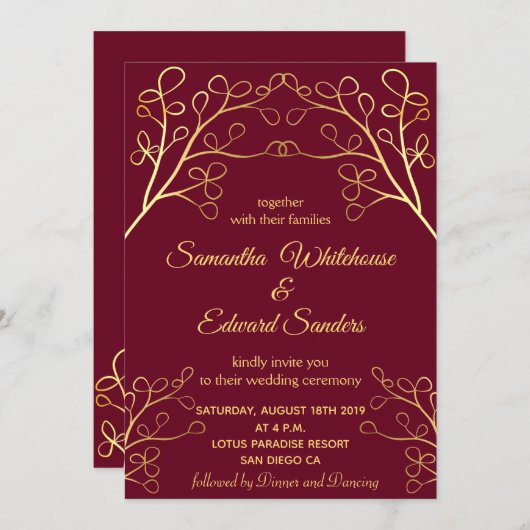フローラブルゴーニュ金ゴールドエレガントな結婚式 招待状 (正面/裏面)