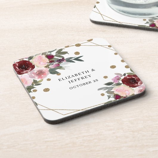 フローラブルゴーニュ金ゴールドグリッター幾何結婚の コースター (左側)