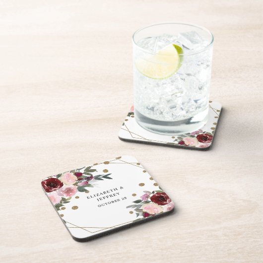 フローラブルゴーニュ金ゴールドグリッター幾何結婚の コースター (右側)