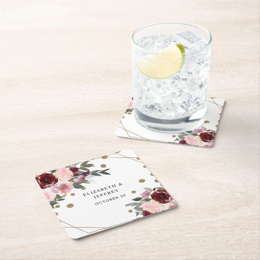 フローラブルゴーニュ金ゴールドグリッター幾何結婚の スクエアペーパーコースター (インサイチュ)