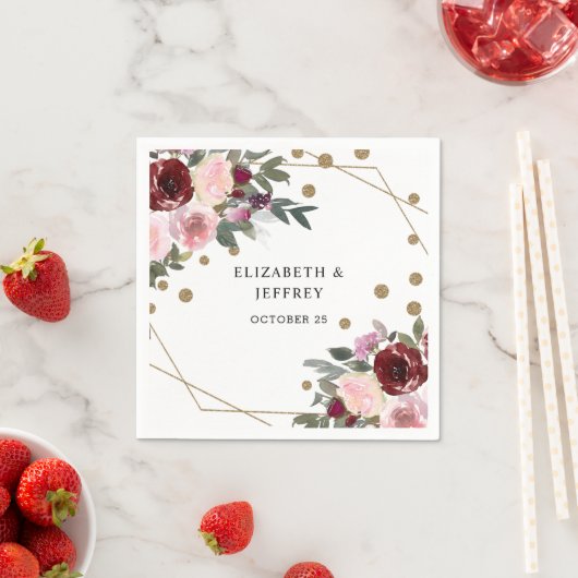 フローラブルゴーニュ金ゴールドグリッター幾何結婚の スタンダードカクテルナプキン (インサイチュ)