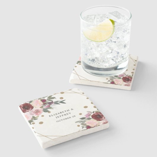 フローラブルゴーニュ金ゴールドグリッター幾何結婚の ストーンコースター (横)