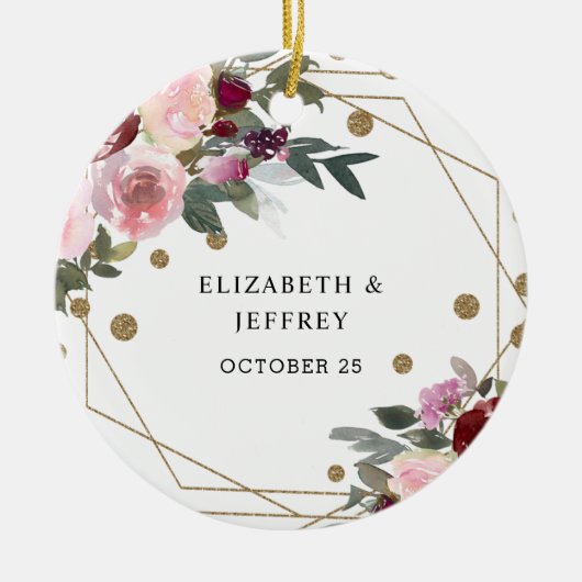 フローラブルゴーニュ金ゴールドグリッター幾何結婚の セラミックオーナメント (正面)