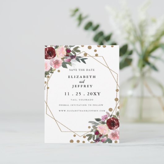 フローラブルゴーニュ金ゴールドジオメトリック保存日付 案内ポストカード (スタンド正面)