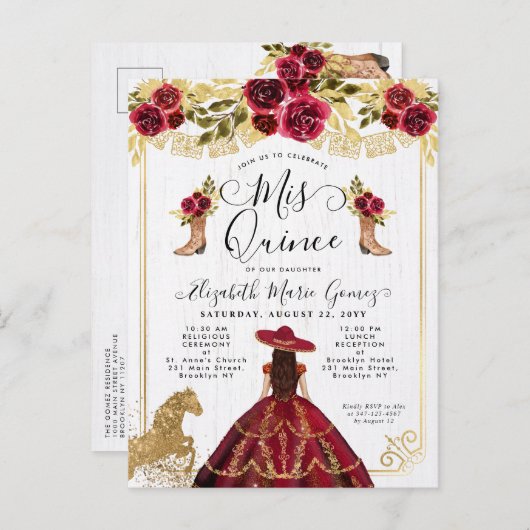 フローラブルゴーニュ金ゴールドチャラプリンセスキンセアニェラ インビテーションポストカード (正面/裏面)