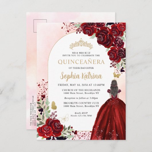 フローラブルゴーニュ金ゴールドプリンセス誕生日キンセアニェラ インビテーションポストカード (正面/裏面)