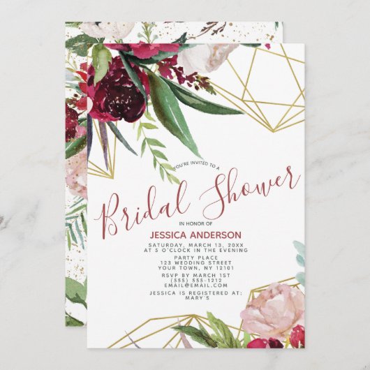 フローラブルゴーニュ金ゴールド幾何学ブライダルシャワー 招待状 (正面/裏面)