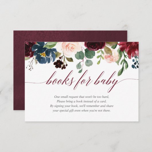 フローラブルゴーニュ青い女の子の赤ちゃんシャワー本のリクエスト エンクロージャーカード (正面/裏面)