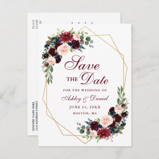 フローラブルゴーニュ青金ゴールドフレーム日付の保存 案内ポストカード (正面/裏面)