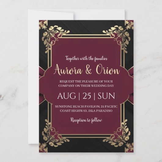 フローラブルゴーニュ黒と金ゴールド結婚式招待状 招待状 (正面)