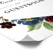 フローラブルゴーニュ&ネイビー結婚ゲストブック徴候 ポスター (角)