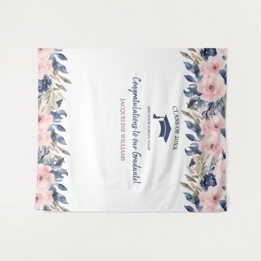 フローラブルーとピンクの卒業写真の背景 タペストリー (正面(横))