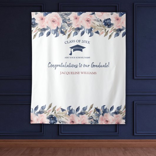フローラブルーとピンクの卒業写真の背景 タペストリー