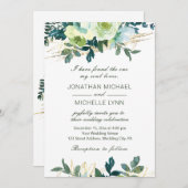 フローラブルーアイボリー金ゴールドターコイズクリスチャン結婚ズ 招待状 (正面/裏面)