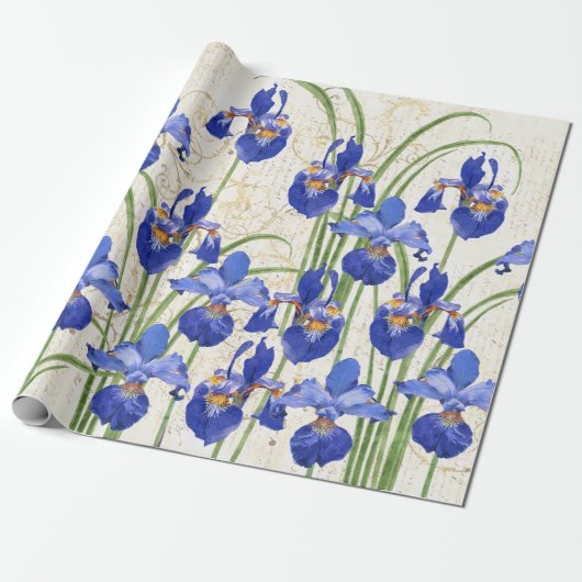 フローラブルーアイリス金ゴールドダマスクエレガントウェディング ラッピングペーパー (アンロールド)