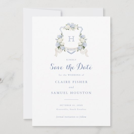 フローラブルーアジサイのクレストモノグラム日付を保存 招待状 (正面)