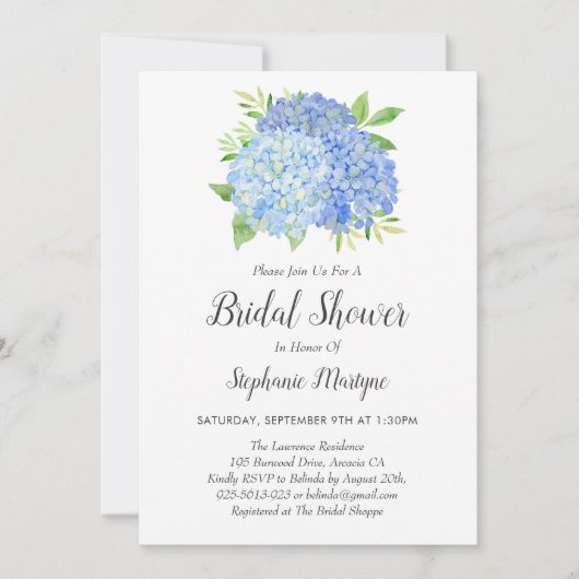 フローラブルーアジダニアブーケブライダルシャワー 招待状 (正面)
