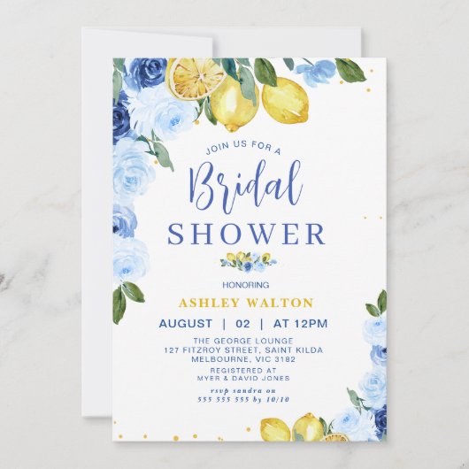 フローラブルーイエローレモンをテーマにしたブライダルシャワー 招待状 (正面)