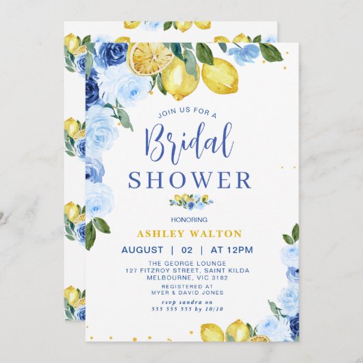 フローラブルーイエローレモンをテーマにしたブライダルシャワー 招待状 (正面/裏面)