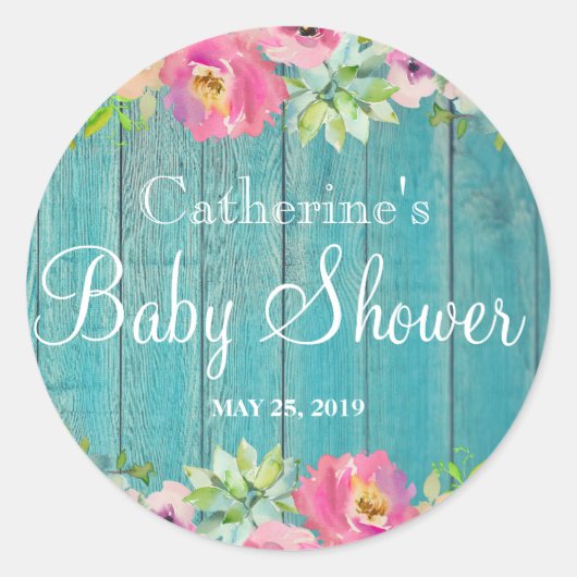 フローラブルーウッド素朴ベビーシャワーパーティーシール ラウンドシール (正面)