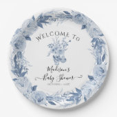 フローラブルーエレガントホワイトウェルカムベビーガールシャワー ペーパープレート (正面)