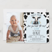 フローラブルーカウズプリントフォトホーリーカウー1歳の誕生日 招待状 (正面)