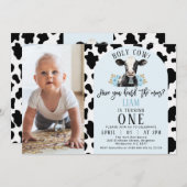 フローラブルーカウズプリントフォトホーリーカウー1歳の誕生日 招待状 (正面/裏面)